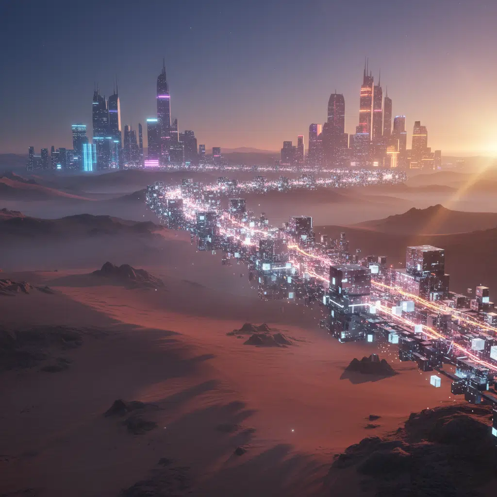 Futuristic Solana vs Cardano cityscape with illuminated skyscrapers and a glowing pathway stretching through a desert at sunset.