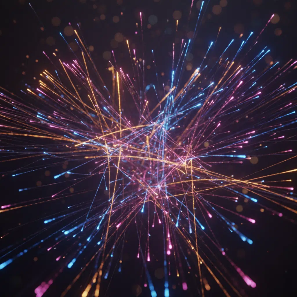 Bright, colorful sparks of pink, blue, and yellow intersect against a dark background, creating a dynamic, abstract pattern.