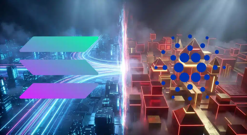 A digital artwork showing contrasting cityscapes with a futuristic split design, featuring Solana and Cardano logos.