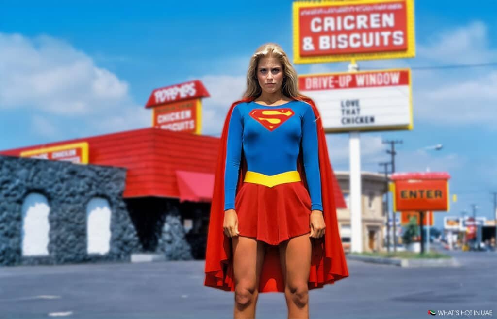 A person dressed in a Supergirl costume stands in front of a fast-food restaurant with signage in the background, including a red and yellow roof and signs advertising chicken and biscuits.