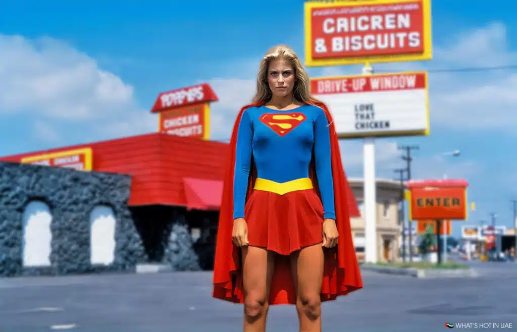 A person dressed in a Supergirl costume stands in front of a fast-food restaurant with signage in the background, including a red and yellow roof and signs advertising chicken and biscuits.