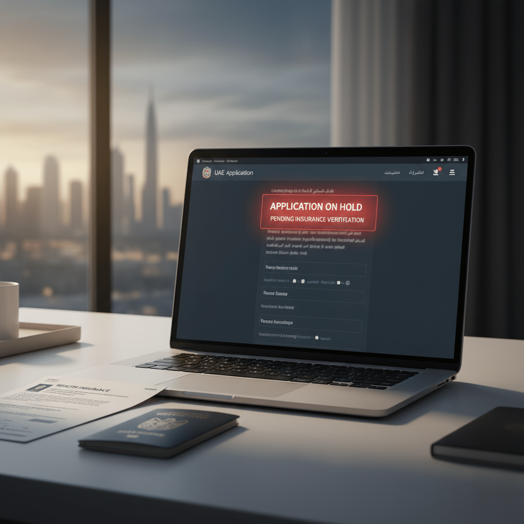 A laptop on a desk displaying a UAE Freelancer Insurance application screen with a notification in red text stating 'Application on Hold: Pending Insurance Verification.' Documents and a passport are visible on the desk, with a cityscape view outside the window.
