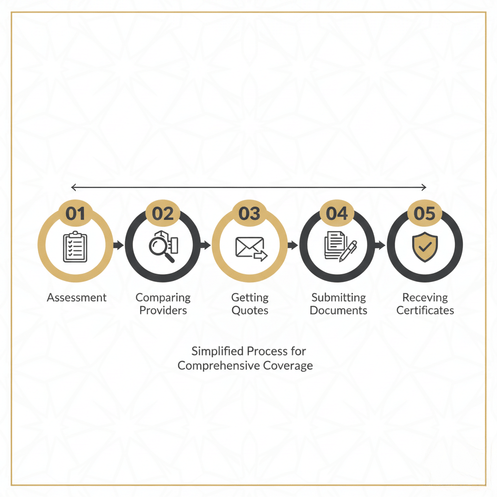 Flowchart illustrating a simplified process for comprehensive coverage with five steps: 1. Assessment, 2. Comparing Providers, 3. Getting Quotes, 4. Submitting Documents, 5. Receiving Certificates, represented by icons and connected by arrows.