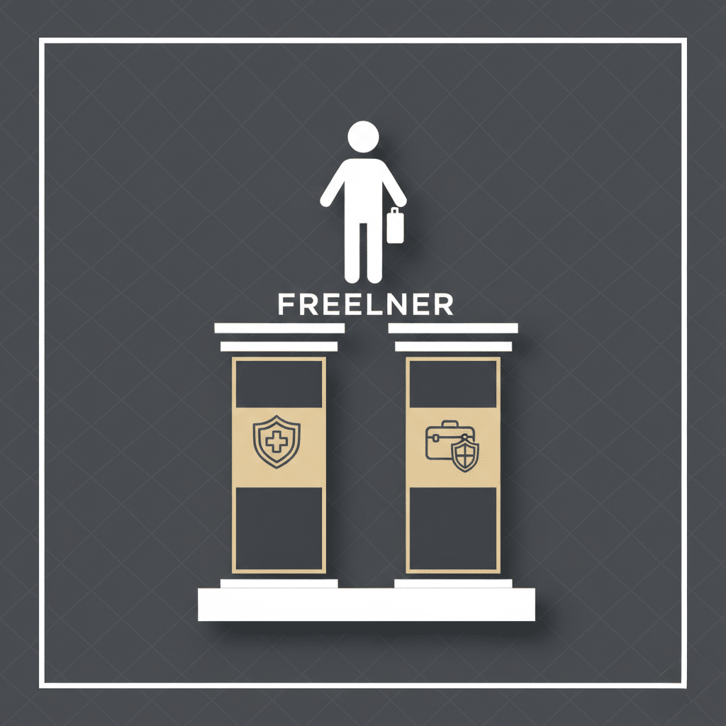 Illustration of a stylized figure holding a briefcase above two pillars labeled 'UAE Freelancer Insurance,' with icons of a medical cross on a shield and a briefcase on a shield, representing protection and support for freelancers.