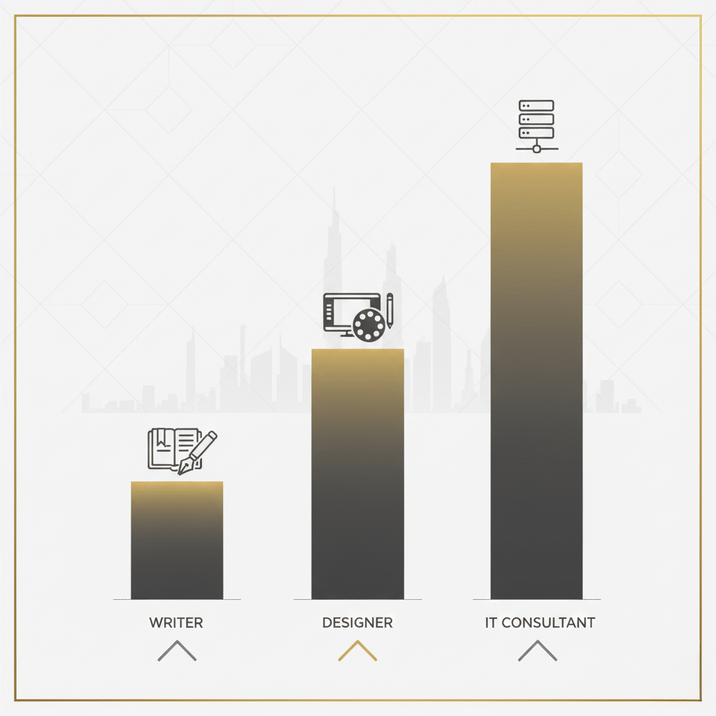 Bar chart comparing three professions: Writer, Designer, and IT Consultant, with IT Consultant having the tallest bar, Designer in the middle, and Writer the shortest; over a faint city skyline background.