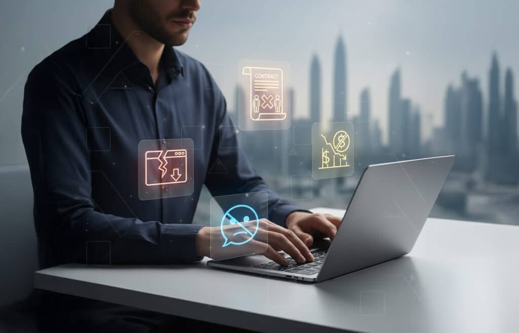 A man in a dark shirt types on a laptop at a desk with digital icons floating around him, including contract cancellation, website error, unhappy face, and declining financial graph, set against a cityscape backdrop.