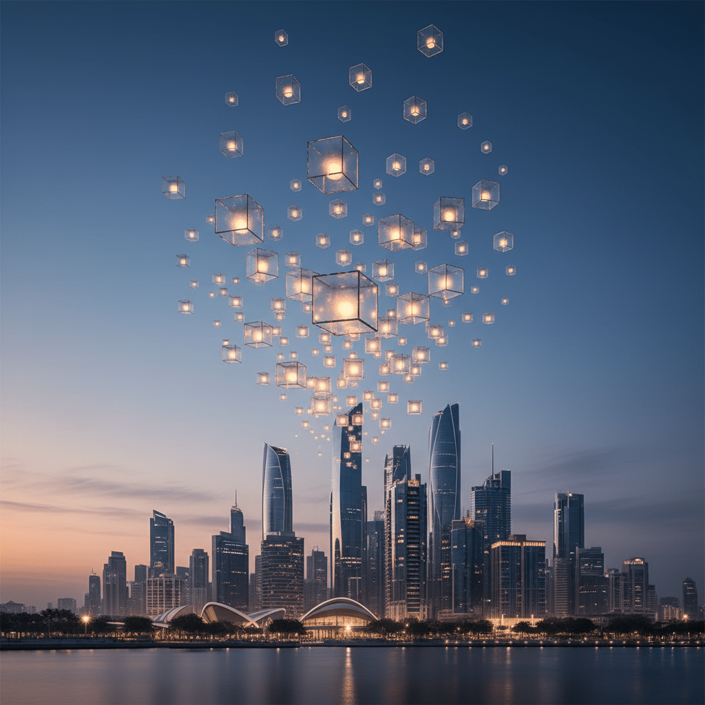 A futuristic UAE Investment Opportunities city skyline at dusk with glowing digital cubes floating above the buildings.