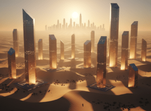Futuristic skyscrapers rise from desert sands with a distant city skyline under a glowing sun.