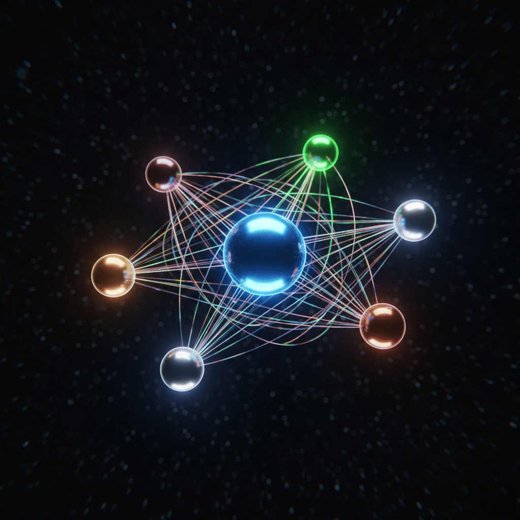 A glowing blue orb surrounded by five smaller colored spheres interconnected by luminous lines, set against a dark background.