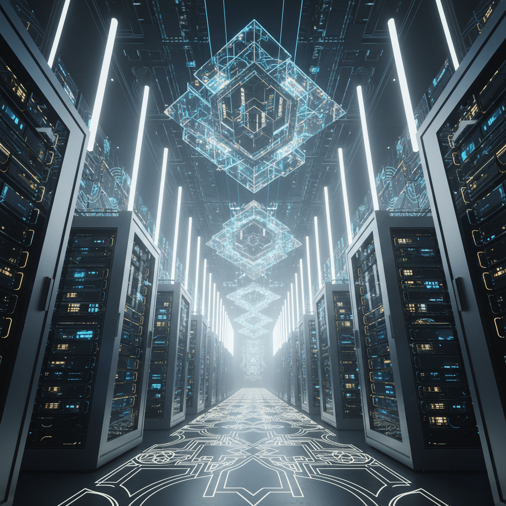 A futuristic data center with glowing servers and intricate light patterns on the floor and ceiling.