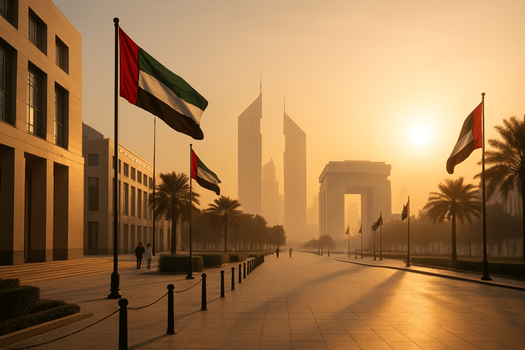 A sunrise view of a cityscape with the United Arab Emirates flags flying along a street lined with palm trees and modern buildings, creating a silhouette against the warm, hazy sky.