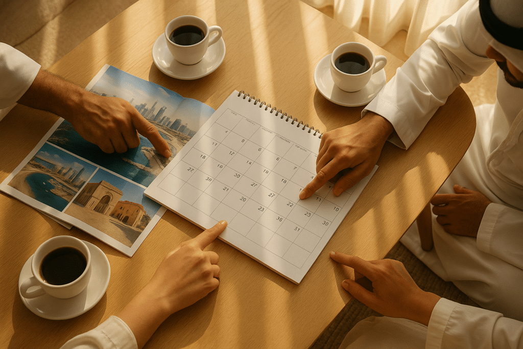 UAE New Year 2026 Holiday: People pointing at different dates on a calendar placed on a wooden table, with travel brochures of a city and three cups of coffee nearby.