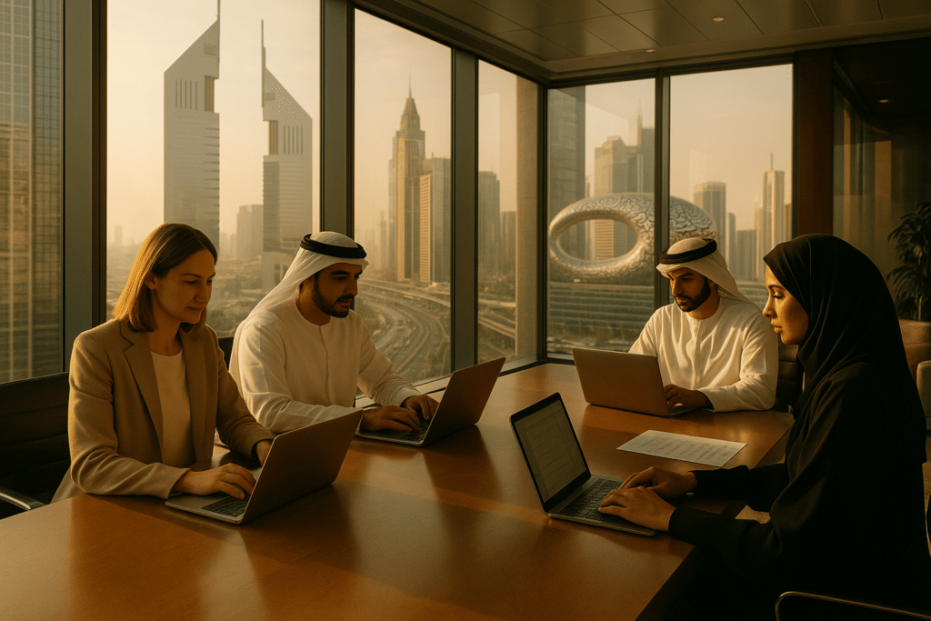 UAE New Year 2026 Holiday: Four professionals sitting at a conference table with laptops, in an office overlooking a cityscape with iconic skyscrapers in Dubai.