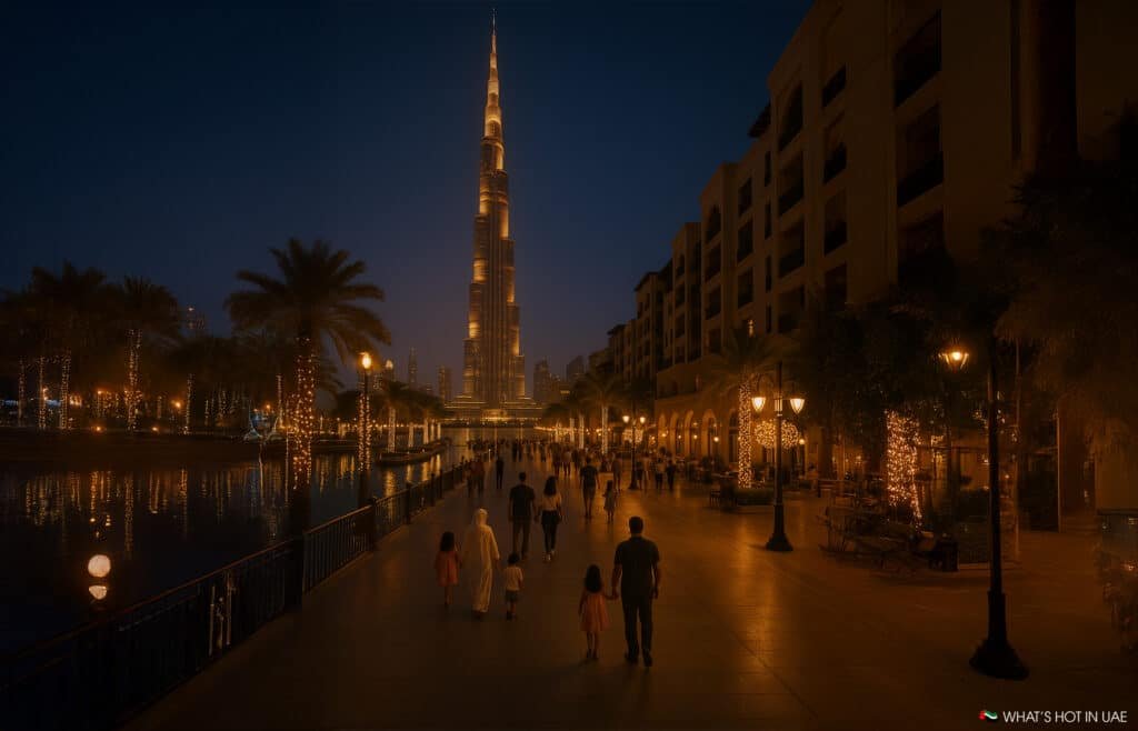 People walking on a lit pathway lined with palm trees and buildings in the evening, with a tall illuminated skyscraper in the background.