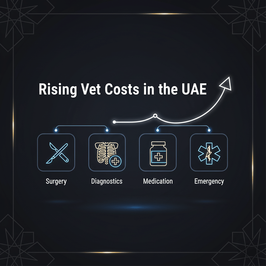 An infographic titled "Rising Vet Costs in the UAE" showing icons for surgery, diagnostics, medication, and emergency, connected by an upward arrow.