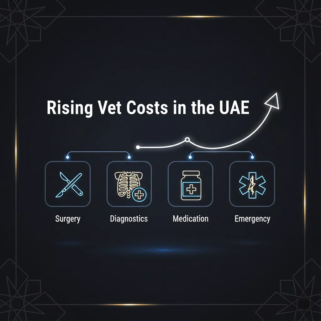 An infographic titled "Rising Vet Costs in the UAE" showing icons for surgery, diagnostics, medication, and emergency, connected by an upward arrow.