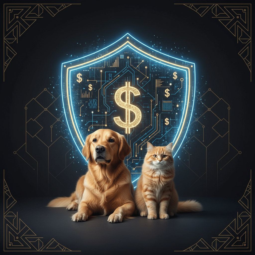 A golden retriever and an orange tabby cat sit side by side in front of a glowing digital shield with circuitry and dollar signs, symbolizing  UAE Pet Insurance financial security and protection.