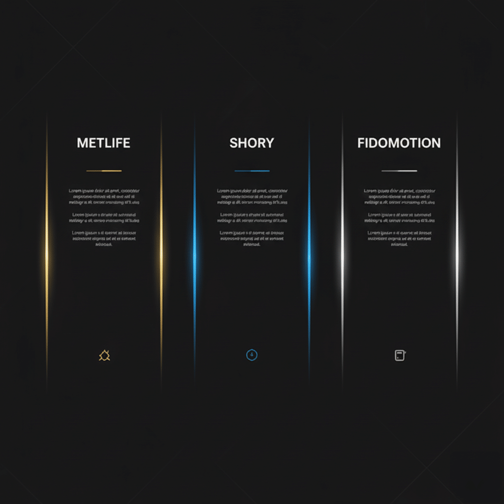 Dark-themed interface with three vertical panels titled 'METLIFE,' 'SHORY,' and 'FIDOMOTION,' each with placeholder text and corresponding icons at the bottom; yellow lines highlight the first, blue the second, and silver the third panel.