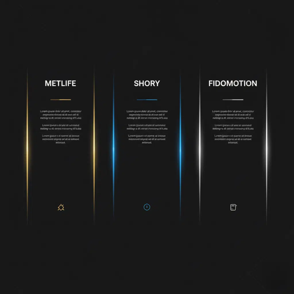Dark-themed interface with three vertical panels titled 'METLIFE,' 'SHORY,' and 'FIDOMOTION,' each with placeholder text and corresponding icons at the bottom; yellow lines highlight the first, blue the second, and silver the third panel.