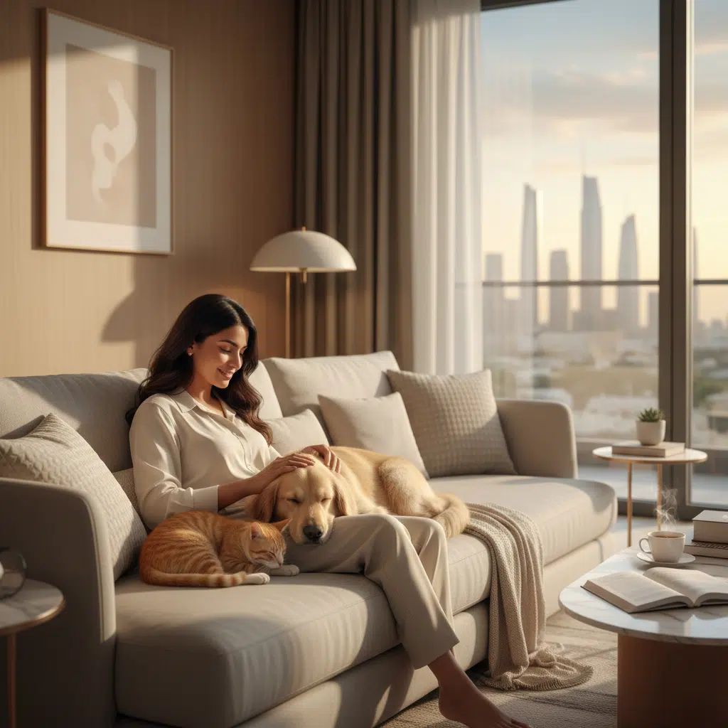 A woman sitting on a beige sofa in a modern living room, gently petting a golden retriever and an orange tabby cat resting on her lap, with a cityscape view through large windows and a warm, stylish decor around her.  UAE Pet Insurance