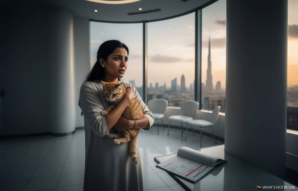 A woman stands holding an orange tabby cat in a modern room with large windows, through which a cityscape and a prominent tall building are visible at sunset. A rolled-up document is placed on a nearby table.