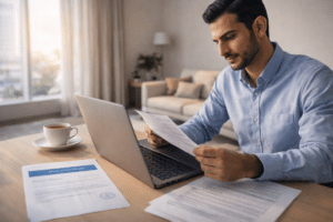 A man at a table reviews documents next to a laptop and a cup of coffee in a living room setting.