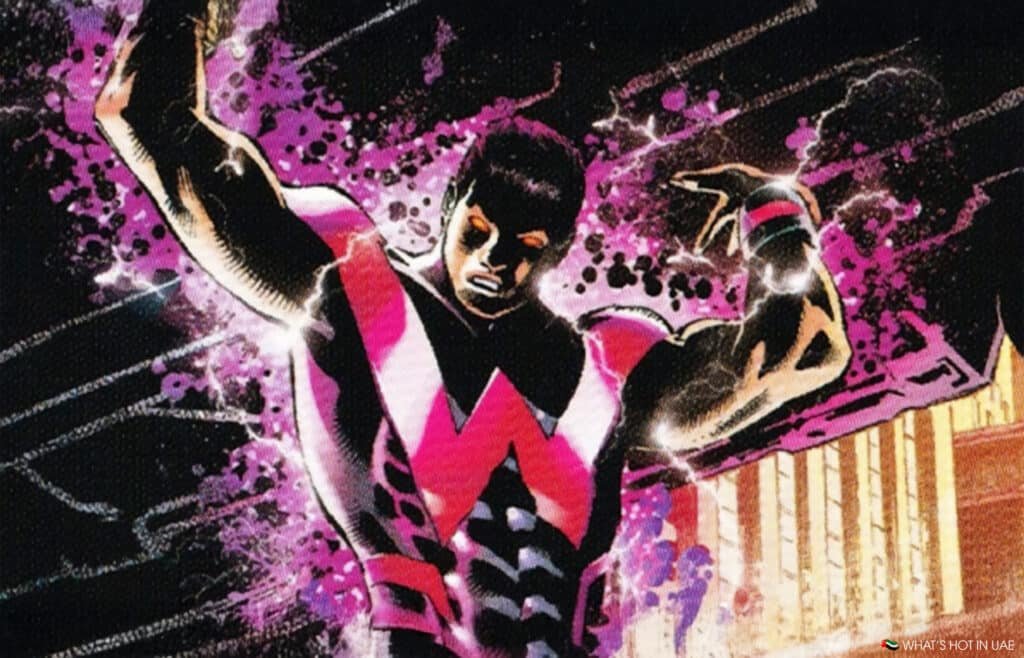 Comic book character with muscular build wearing a pink and black costume with a large "W," surrounded by a dynamic splash of colors.