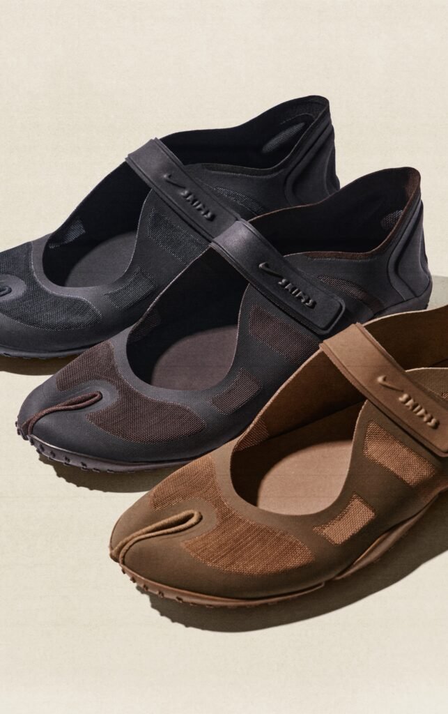 Three pairs of NikeSKIMS Rift Mesh shoes in black, dark brown, and light brown, arranged diagonally on a neutral background.