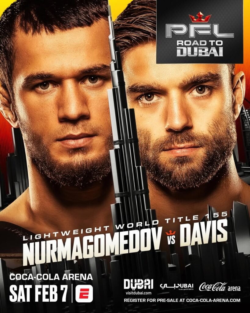 Promotional poster for a lightweight world title fight between Nurmagomedov and Davis on February 7 at the Coca-Cola Arena.