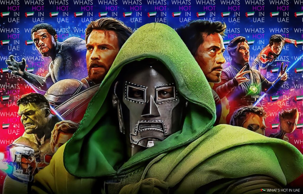 A green-hooded character stands prominently in front of various superhero figures and text reading "What's Hot in UAE."