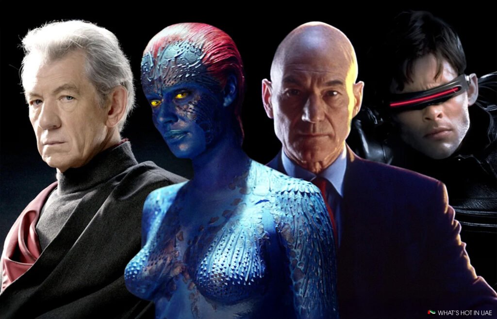 Four characters from the X-Men Return movie, including a woman with blue skin and red hair, stand against a dark background.