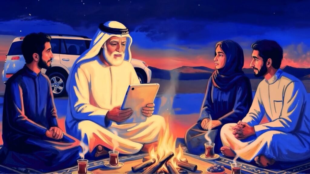 An old Emirati man reading from an iPad in front of a camp fire, with three younger people sat in a circle in the desert at night.