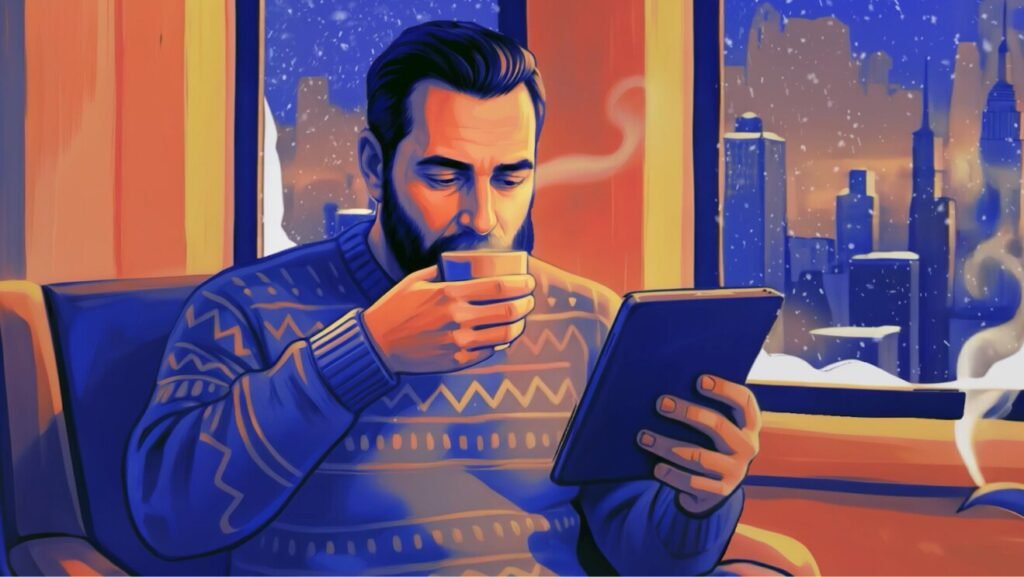 A man sipping from a cup while looking at an iPad