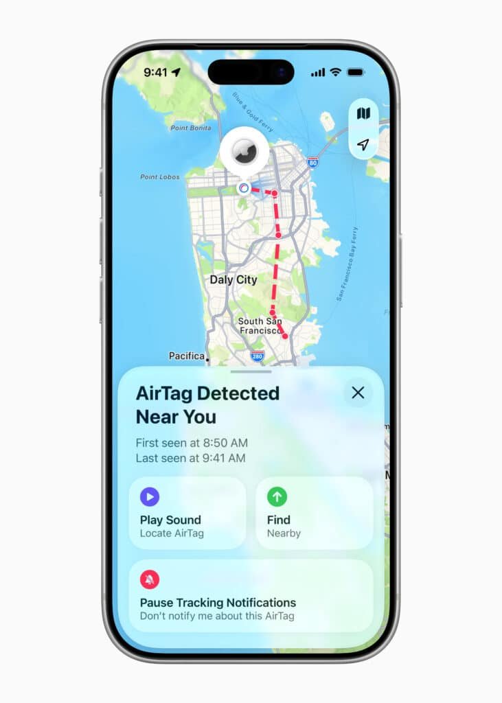 Smartphone screen displaying a map with a route near Daly City and a notification about an Apple AirTag 2 detected nearby.