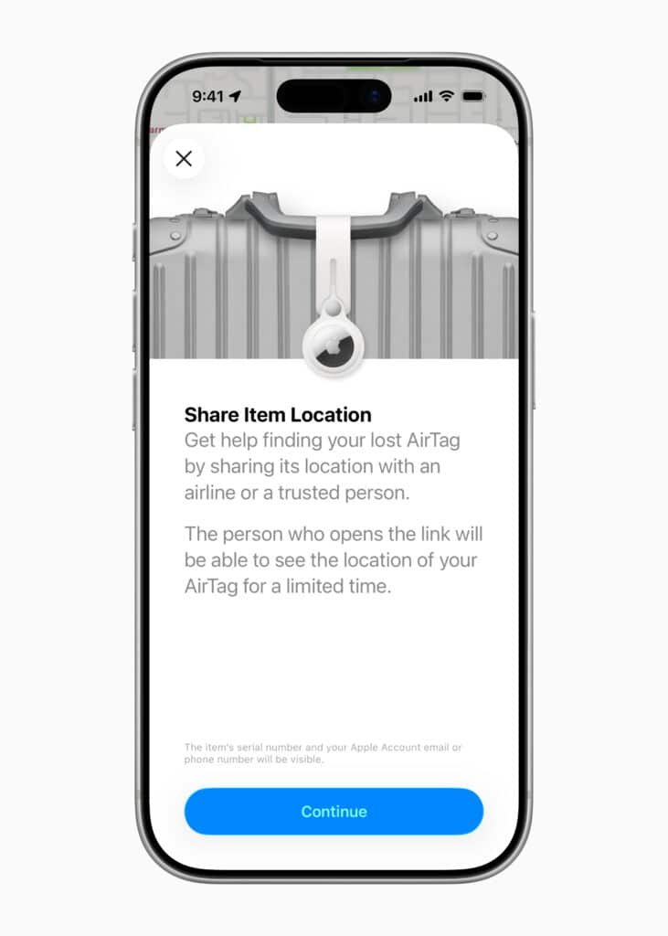 Smartphone screen displaying a notification about sharing an AirTag's location, with options to learn more or continue.