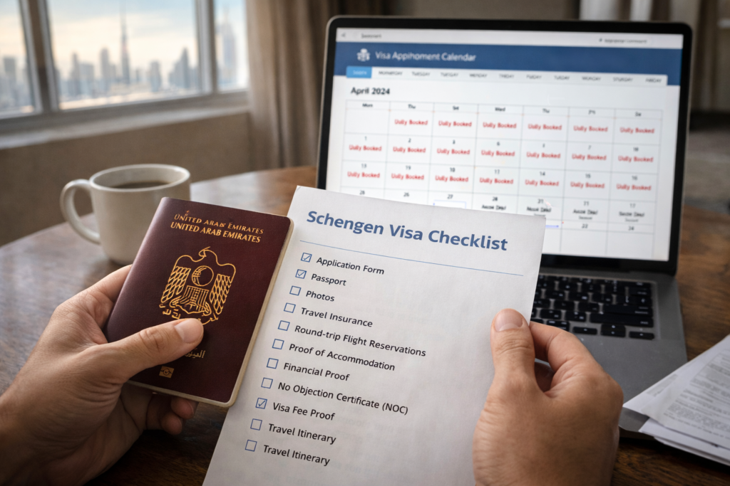 Person holding a UAE passport and a Schengen visa checklist, with a laptop displaying a calendar in the background.