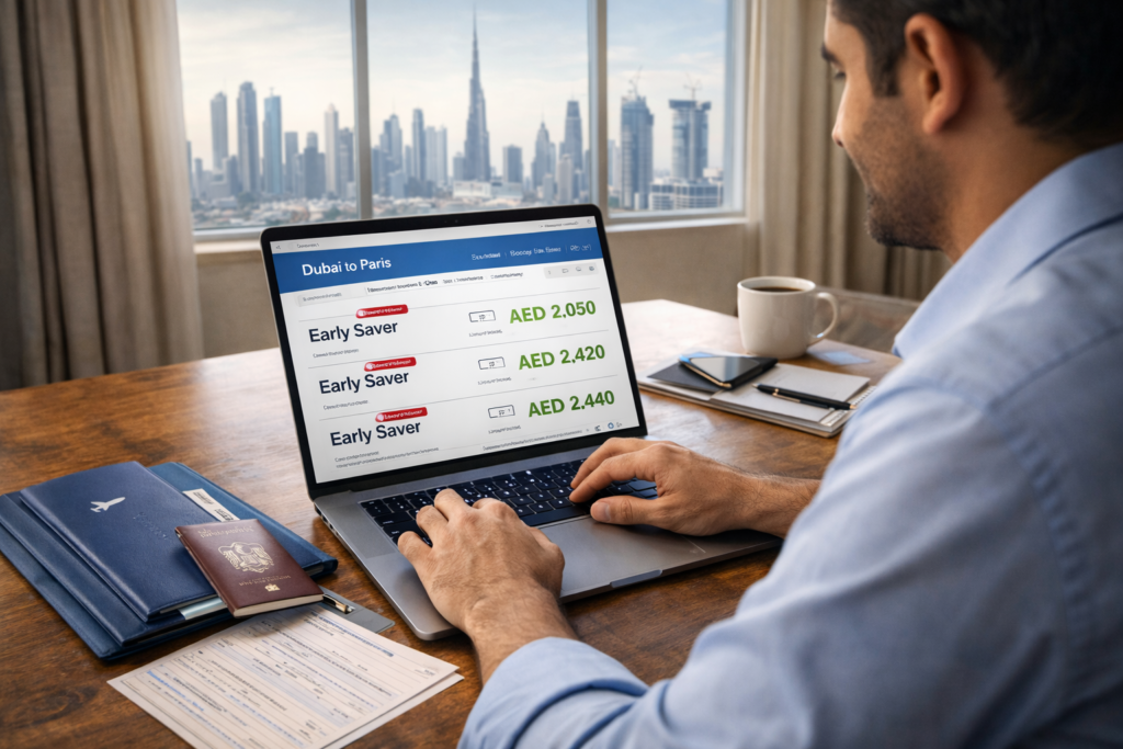 A person using a laptop to search for flights from Dubai to Paris, with prices in AED displayed on the screen.