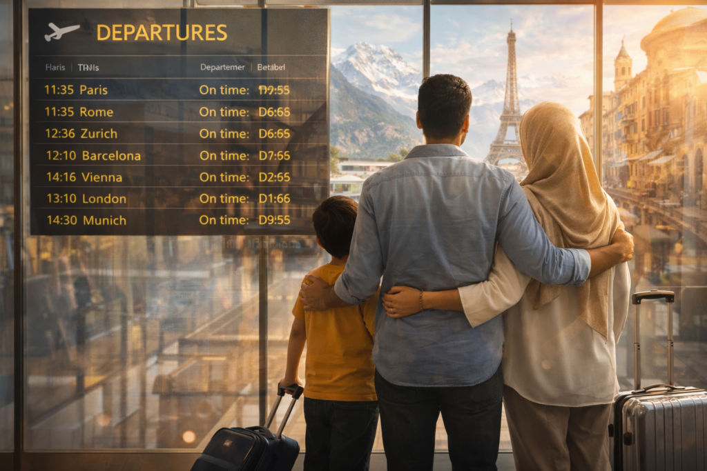 A Booking Summer Holidays Earlier family stands together at an airport, looking at a departures board with destinations like Paris, Rome, and Zurich.