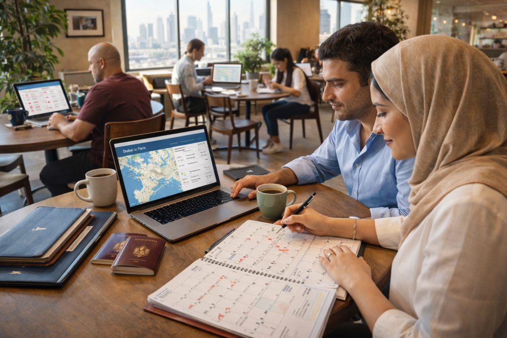 A man and woman sit in a cafe, reviewing a travel planner with maps and calendars on a laptop and printed planner, surrounded by other patrons. Booking Summer Holidays Earlier