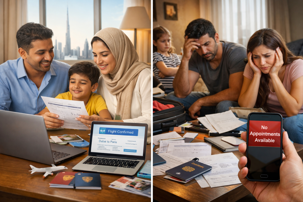 A family happily plans a trip with flight confirmation on a laptop, contrasted with frustration over "No Appointments Available" on a phone.