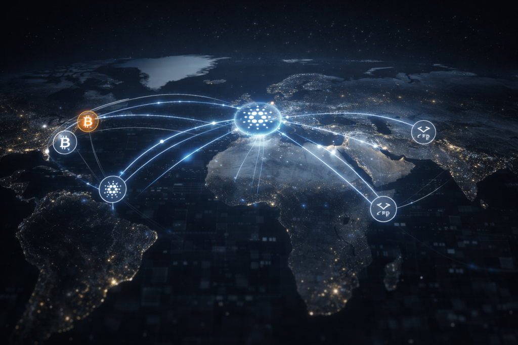 Digital map of the world with cryptocurrency symbols linked by glowing lines, highlighting global blockchain connections.