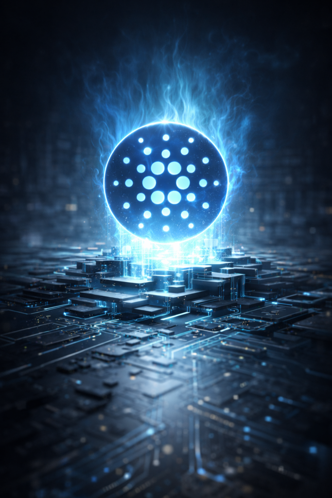 A glowing Cardano blue and white circular symbol hovers above a futuristic, illuminated circuit board.