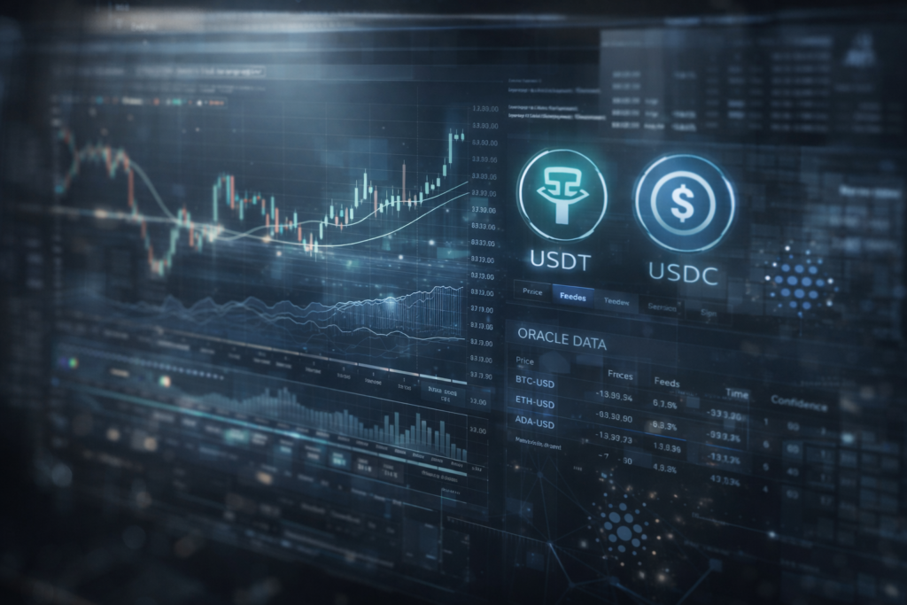 A digital interface showing cryptocurrency trading data, with candlestick charts and icons for USDT and USDC.