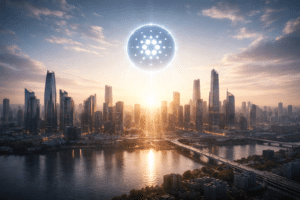 A futuristic city skyline at sunset with a glowing digital symbol floating in the sky.