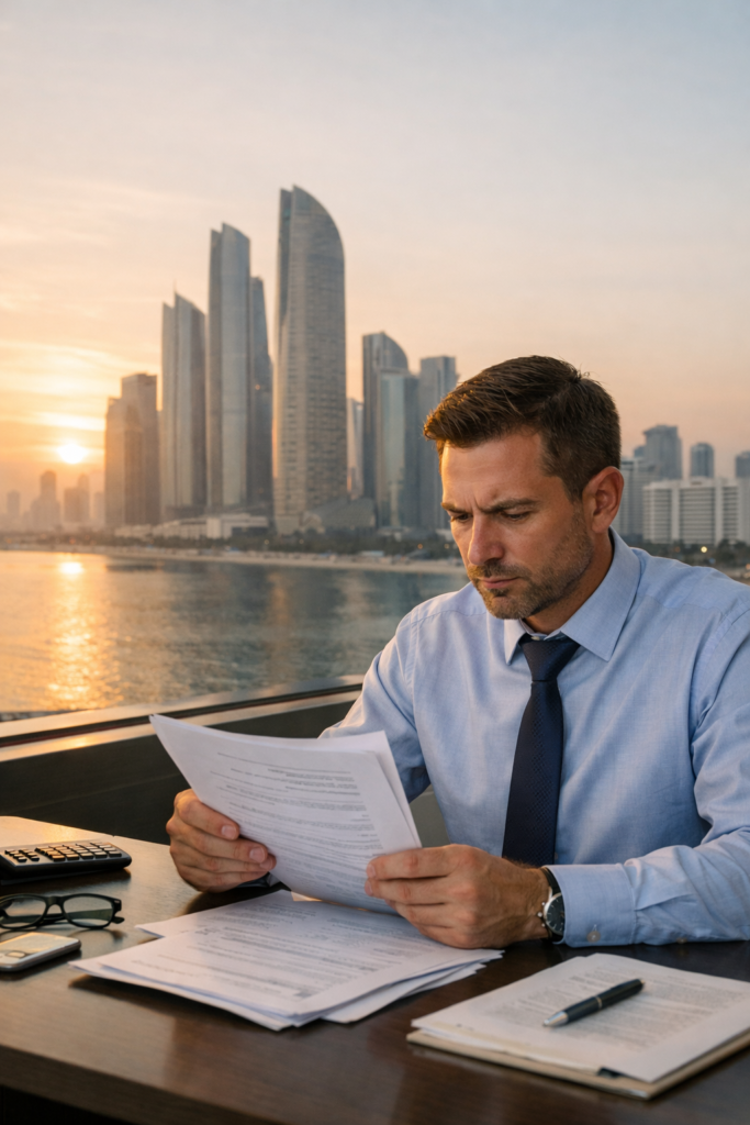 A man in a business shirt and tie reads documents at a desk with a city skyline and sunset in the background.