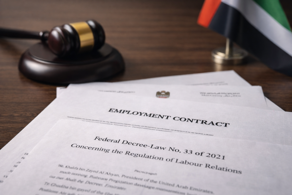 Gavel beside employment contract Unpaid Wages documents and UAE flag in the background.