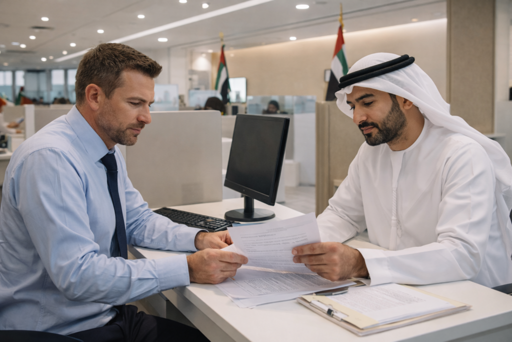 Two men in business attire are discussing Unpaid Wages documents at a desk in a modern office setting.