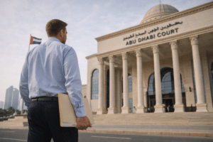 A man holding folders approaches the Abu Dhabi Court building, with columns and an Arabic and English sign.