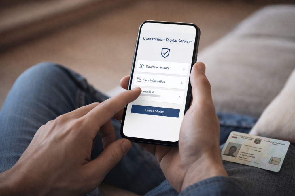 Close-up of a person holding a smartphone displaying a generic Clear Travel Bans government digital service interface, with an Emirates ID placed beside the device.