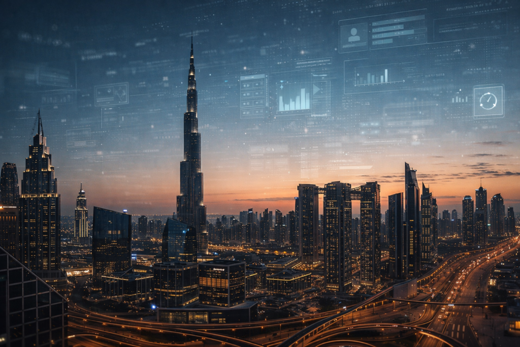 Dubai skyline at dusk with subtle digital overlays, representing the city’s government digital transformation and smart public services.